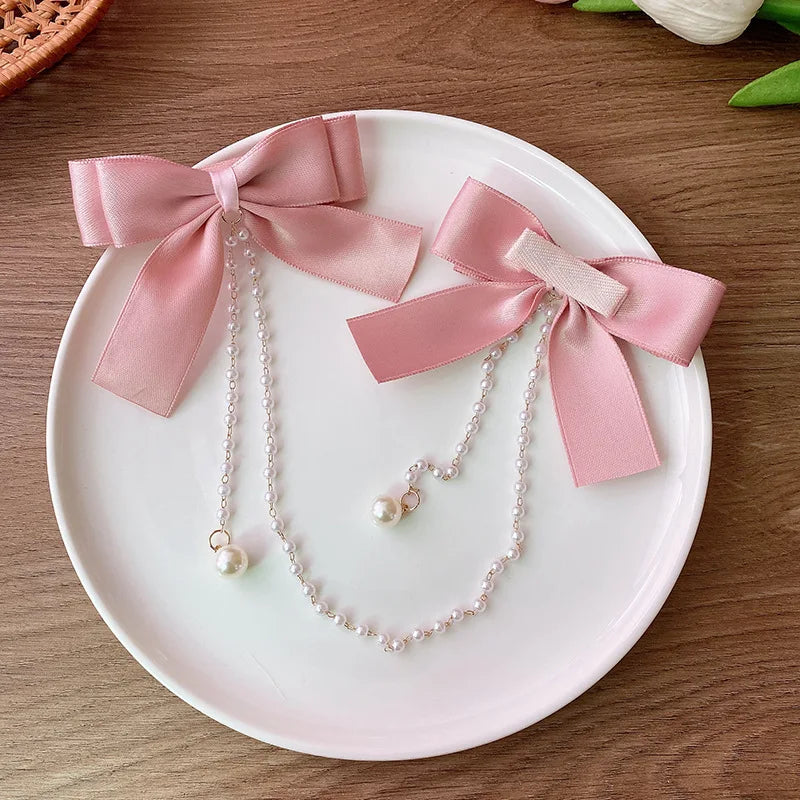 Pearl Chain Bow Hair Clip