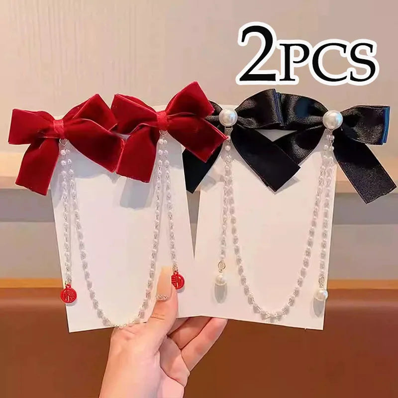Pearl Chain Bow Hair Clip