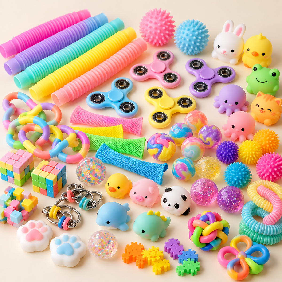 Assorted colourful fidget party favour toys on a clean cream background