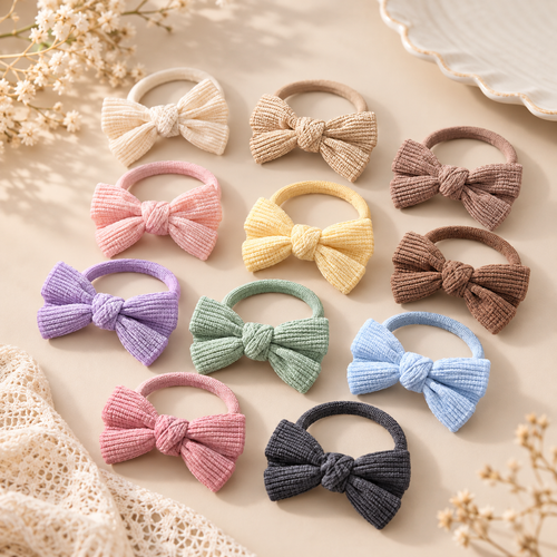 Pastel bow elastic hair ties arranged on a neutral background