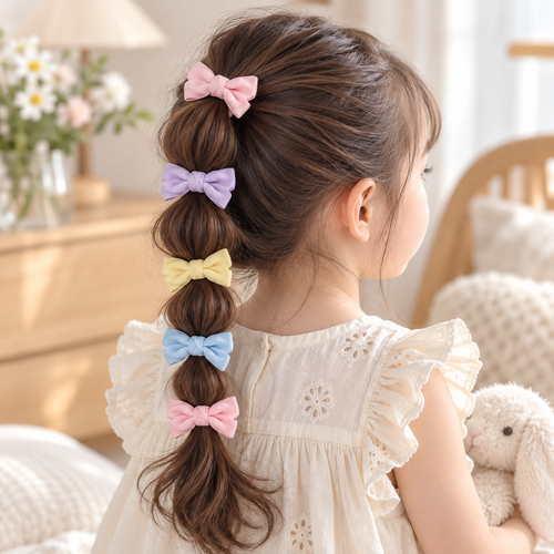 Child wearing pastel bow elastic hair ties