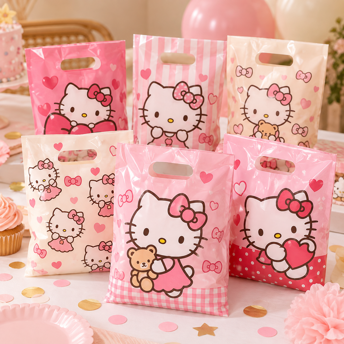 Hello Kitty party goodie bags in a clean party setting