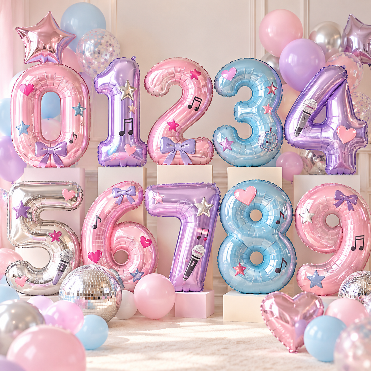 K-Pop music themed number balloons in pastel party styling