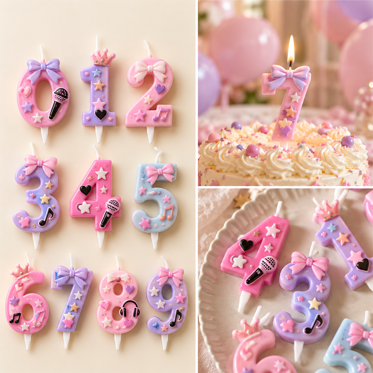 K-Pop girl group number cake candles in pastel party styling