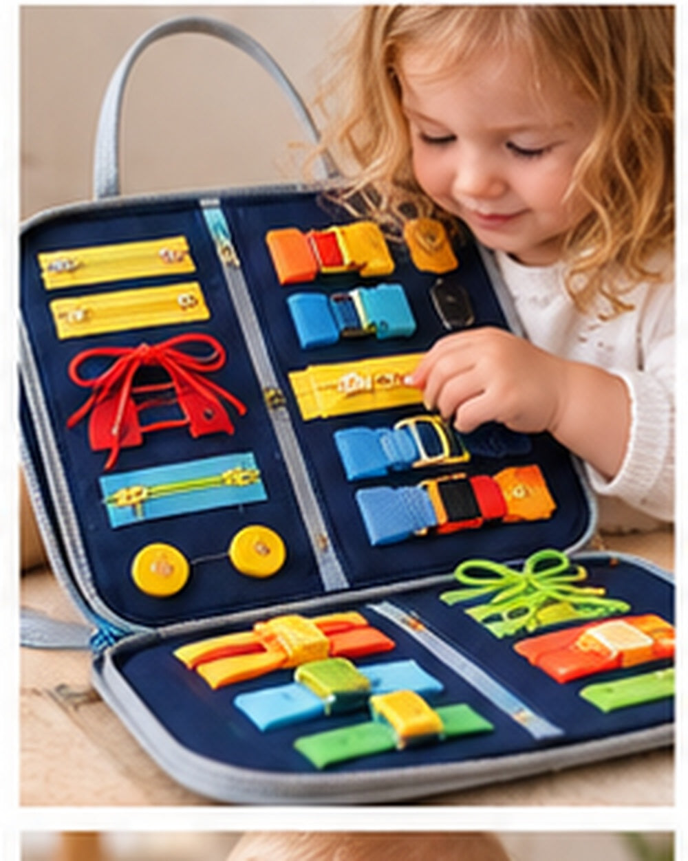 Montessori Busy Board Travel Toy in a realistic play setting